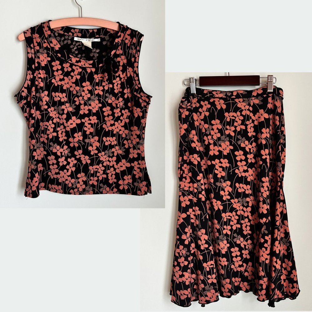 Max Studio Flora Pink Black Tank Top Flare Skirt 2 Pieces Set Y2K Sz M/L